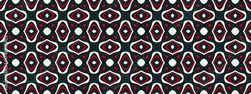 Abstract geometric ornamental pattern with dark red diamond shapes and white accents on a deep teal background creating a symmetrical design for textile or wallpaper applications.