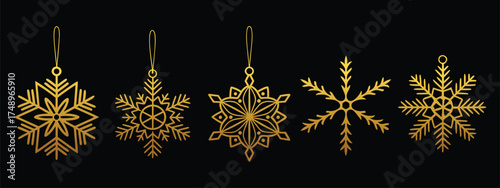 Elegant Golden Snowflake Ornaments: Festive Winter Holiday Decorations on Black Background - Isolated Vector Elements for Luxurious Season Designs