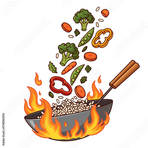 Sizzling Wok Stir-fry with Rice and Fresh Vegetables Flying Out of the Pan on a Fiery Stove