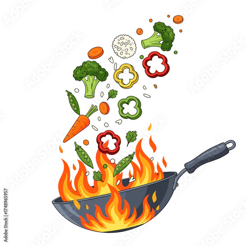 Dynamic Wok Stir-fry Illustration with Fresh Vegetables and Rice Exploding from a Fiery Cooking Pan
