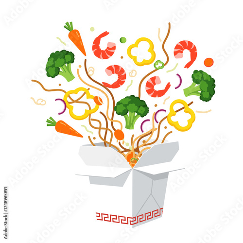 Dynamic Chinese Takeout Box with Traditional Pattern, Noodles, Shrimp, and Fresh Vegetables Bursting Out