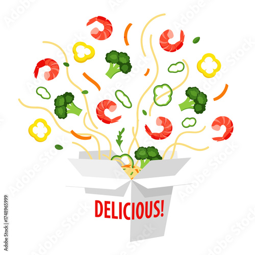 Explosive Chinese Takeout Box with "DELICIOUS!" Label, Noodles, Shrimp, and Fresh Vegetables Flying Out