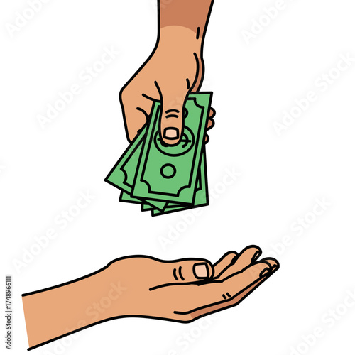 Human Hand Giving Stack of Green Money Bills to Receiving Hand Payment Concept