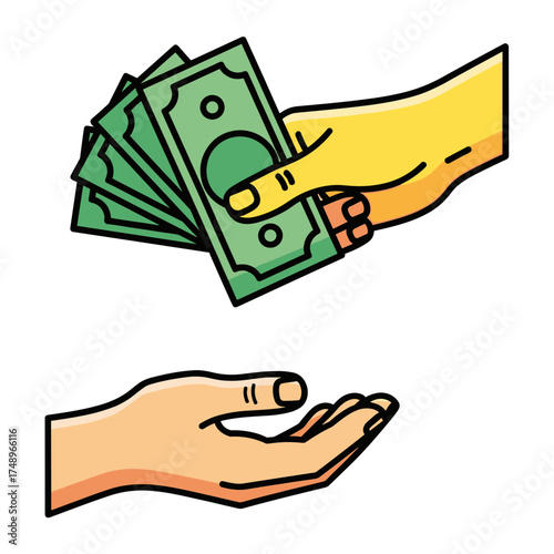Person's Hand Delivering Green Banknotes to Another Hand for Financial Exchange