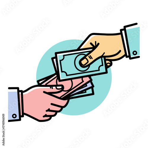 Hands Exchanging Money Banknotes with Light Blue Circle Background Payment Icon