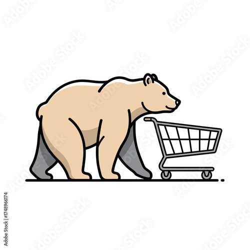 Cute Cartoon Bear Pushing Empty Shopping Cart Ready for Grocery Shopping