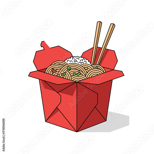 Red Chinese Takeout Box Filled with Noodles, Rice, and Chopsticks for a Convenient Asian Meal