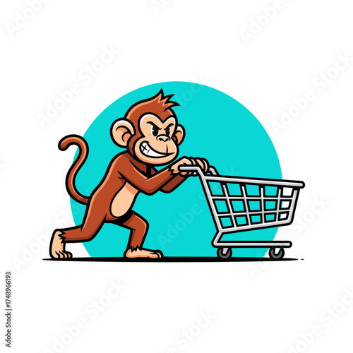 Mischievous Cartoon Monkey Pushing Empty Shopping Cart for Retail Marketing