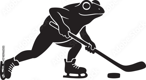 Black Silhouette Frog Playing Ice Hockey (With Ice Skates & Puck) – Playful Sport Animal Illustration
