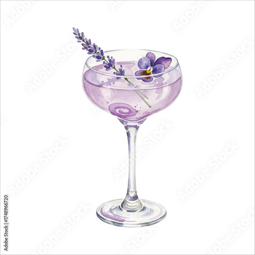 Lavender infused cocktail with flower garnish, watercolor botanical drink art on white background
