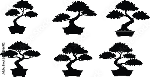  Bonsai tree silhouette vector collection, black minimalist illustration of Japanese potted trees, zen garden art design, decorative nature elements for home and meditation