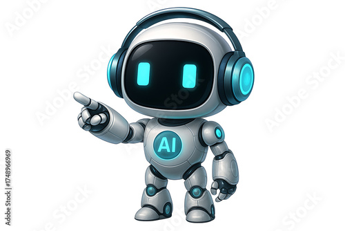 Small white robot with blue headphones and glowing ai symbol pointing finger for guidance or presentation isolated on transparent background
