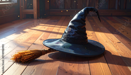 A classic black witch hat and broomstick on a sunlit wooden floor.