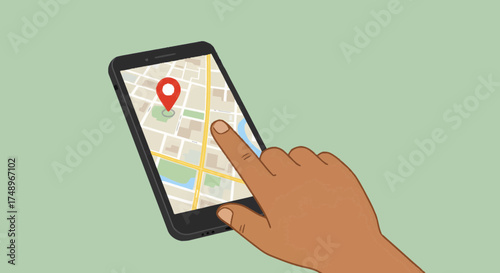 Hand using a smartphone to navigate a digital map with a red location pin, representing mobile GPS, online wayfinding, and location-based service technology