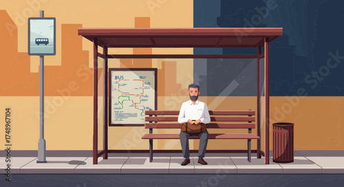 Calm bearded traveler waits for the bus at an urban public transport stop, capturing a moment of everyday city life and passenger transit
