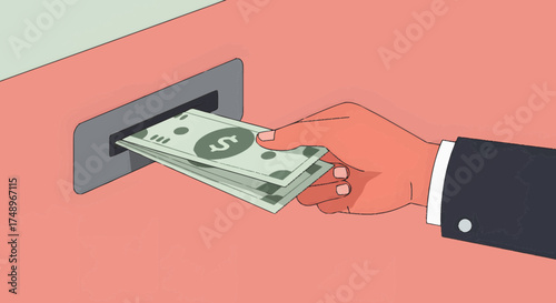 A hand in a suit withdrawing dollar bills from a cash dispenser machine.