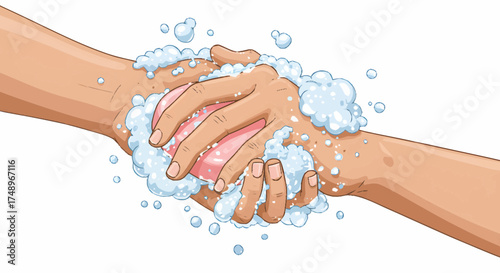 Two hands washing with a pink bar of soap, creating white suds and bubbles, illustrating hygiene and cleanliness.