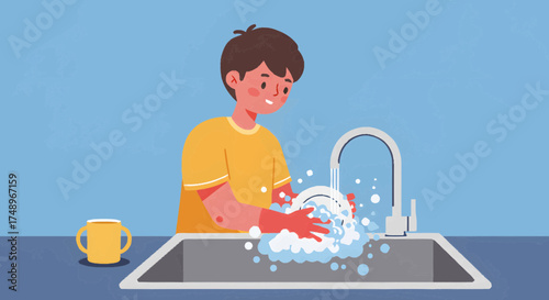 A young boy wearing red gloves is diligently washing dishes in a kitchen sink, surrounded by soap suds and running water, with a yellow mug nearby.