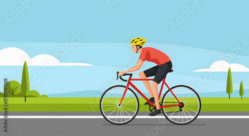 A person wearing a helmet and red shirt riding a red bicycle on a paved road with green landscape and blue sky in the background.