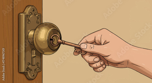 A person's hand is shown inserting a brass key into a golden doorknob on a wooden door, preparing to unlock or lock it.