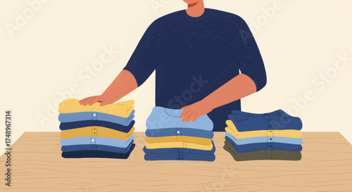 A person neatly folding and organizing stacks of colorful clothes on a wooden table, demonstrating tidiness and domestic chores.
