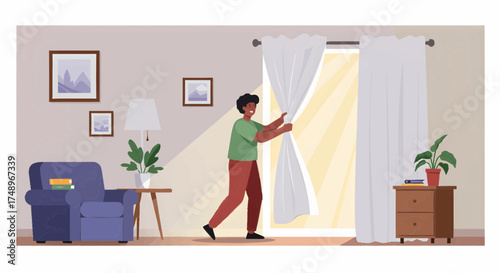 A person with dark skin and curly hair opens white curtains to let sunlight into a cozy living room with an armchair and plants.