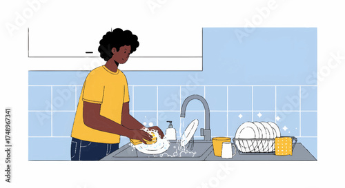An illustration of a person with dark skin washing dishes in a kitchen sink with blue tiled walls and a white cabinet.