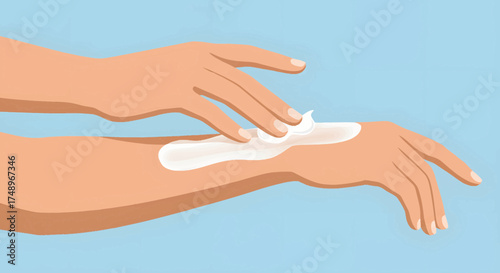 A close-up illustration of a hand applying white cream or lotion onto a person's forearm, demonstrating skincare or moisturizing.