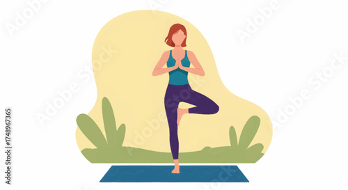A woman performing a yoga tree pose on a mat outdoors, illustrating balance and mindfulness.