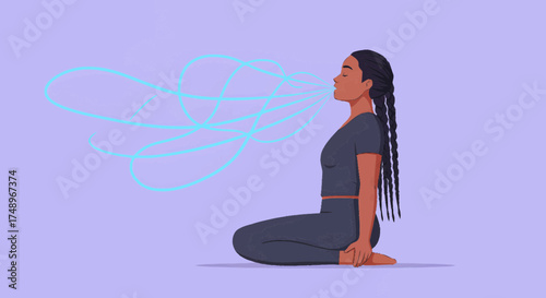 An illustration of a woman with braids sitting in a kneeling pose, exhaling light blue wavy lines representing breath or meditation.