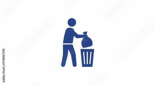 Blue silhouette icon of a person disposing of a trash bag into a waste bin, symbolizing cleanliness and waste management.