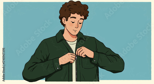 An illustration of a young man with curly hair buttoning up his dark green jacket over a light shirt.