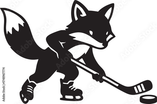 Cute cartoon fox playing ice hockey