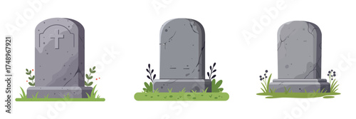 Halloween Spooky Gray Grave Marker Icons with Grass