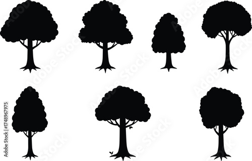  Tree silhouette vector collection, black minimal illustration of deciduous trees, natural forest design elements for landscape art, nature symbol and botanical decoration
