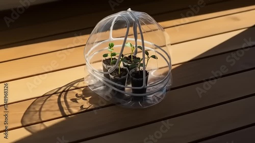 Seedlings Under Cloche on Wooden Deck in Sunlight.