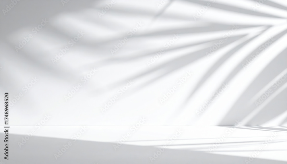 Fototapeta premium Blurred shadow from palm leaves on the white wall. Minimal abstract background for product presentation. Spring and summer.