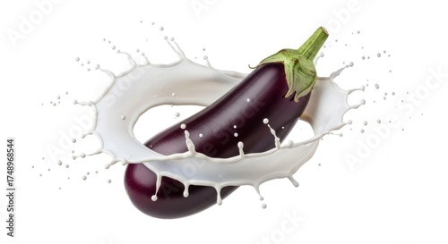 A purple eggplant with a white milk splash around it.