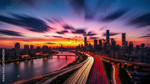 Stunning Cityscape Sunset with Streaking Car Lights and Vibrant Sky.