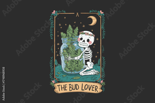 Spooky skeleton lover tarot card with pineapple in jar moonlit night