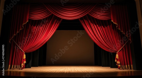 A red curtain with gold trim on a stage with a blank screen.