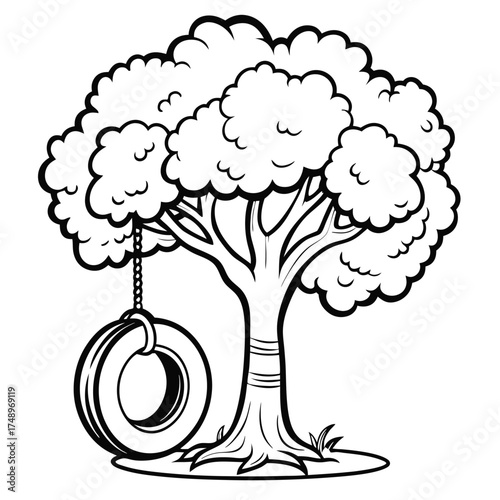 Majestic Tree with Tire Swing Coloring Page for Creative Exploration