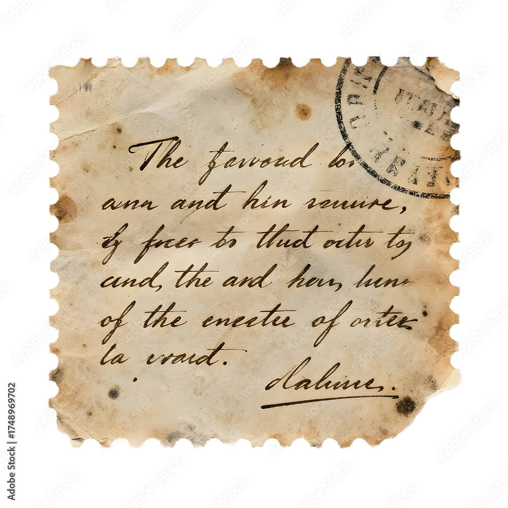Fototapeta premium Vintage Torn Stamp Fragment with Faded Handwritten Poetic Text