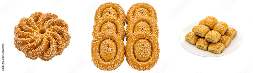 Fototapeta premium Delicious sesame cookies assortment, sweet pastry treats for dessert, baked goods, bakery delights, tasty snacks on transparent background