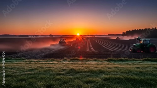 Sunrise Over Agricultural Field With Tractors Working.