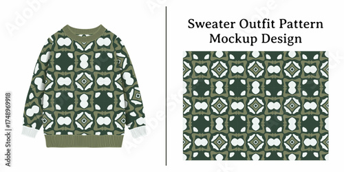 Green and white patterned sweater outfit mockup design with detailed vector background. This design showcases a repeating geometric motif perfect for textile applications and fashion presentations.
