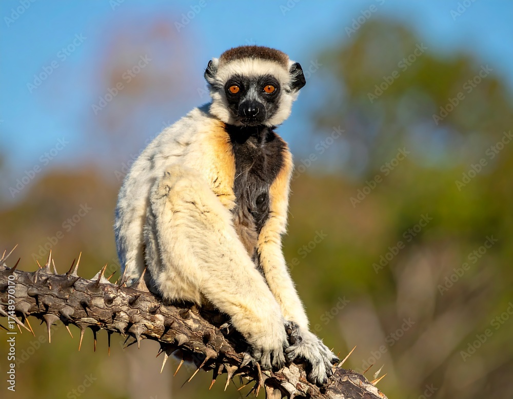 Fototapeta premium A close-up portrait of a lemur perched on a thorny branch, set against a blurred background of foliage and a blue sky