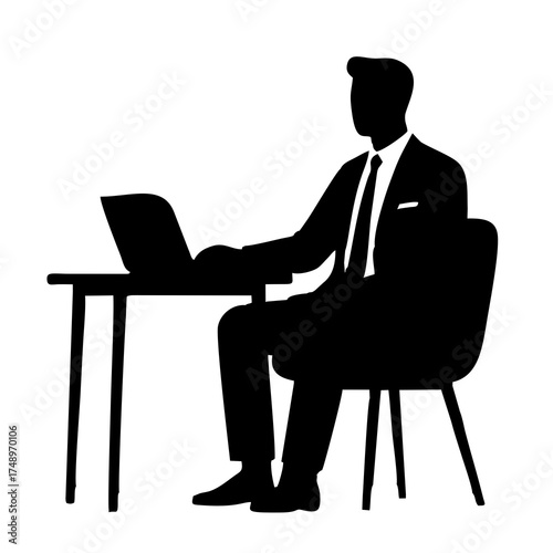 SILHOUETTE OF A MAN IN A SUIT SITTING ON A CHAIR WITH A LAPTOP ON A DESK