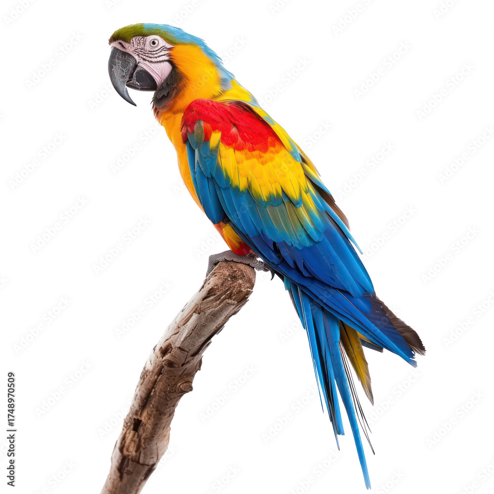 Obraz premium A colorful parrot perched on a branch against a transparent background.