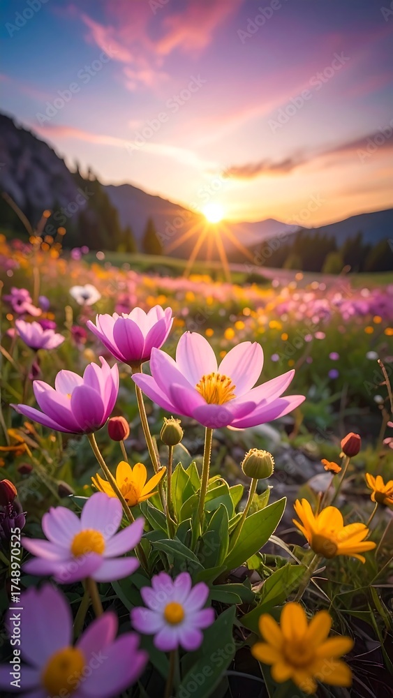 Obraz premium Floral field at sunset, mountains, vibrant colors, nature